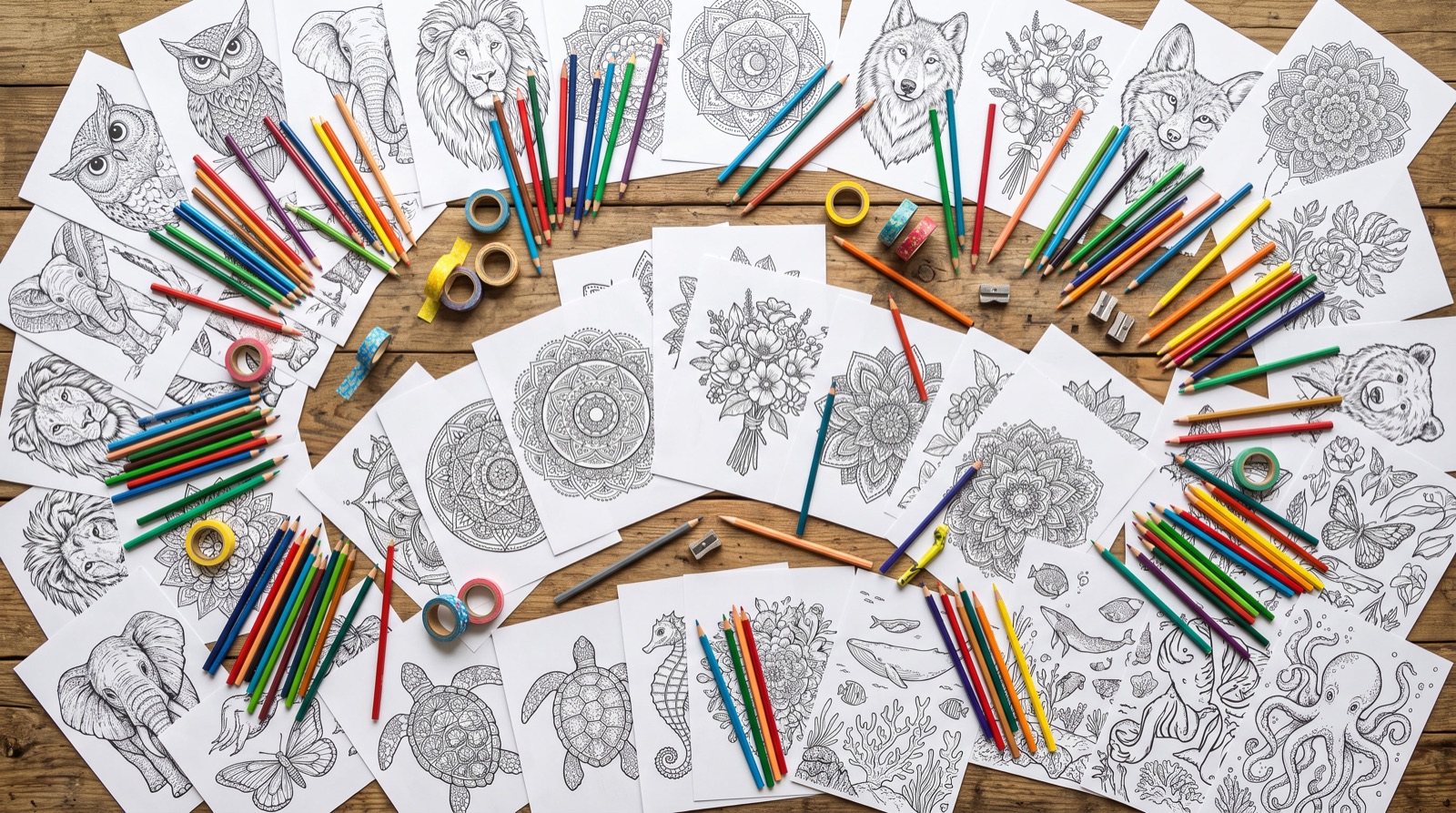 Printable coloring pages spread on a desk next to a laptop with an Etsy shop open