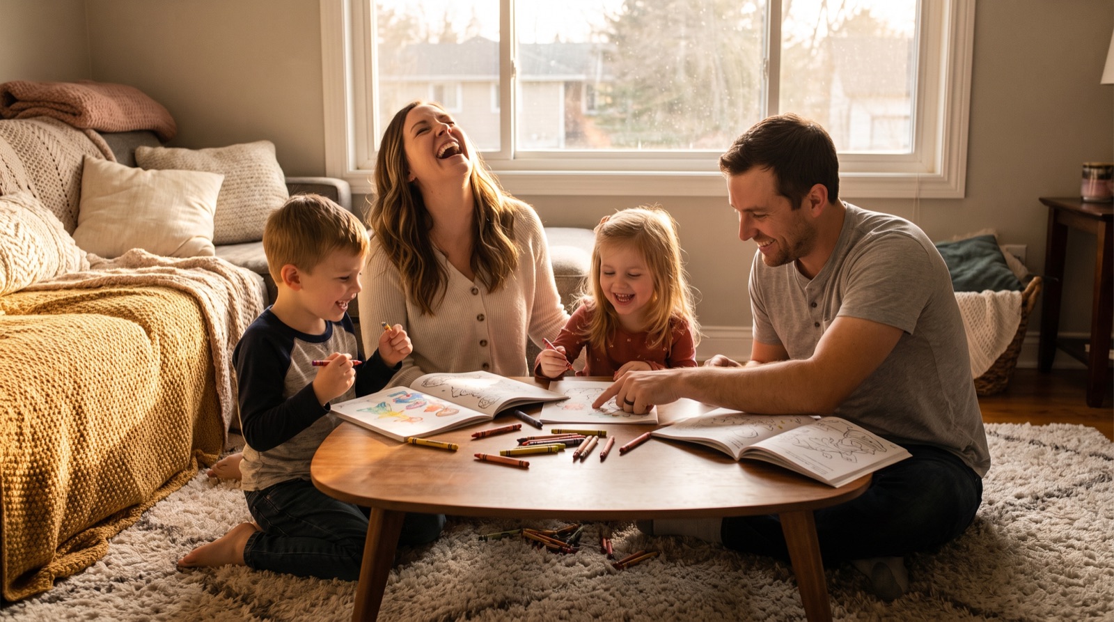 Parent and child coloring together in a personalized coloring book at a kitchen table
